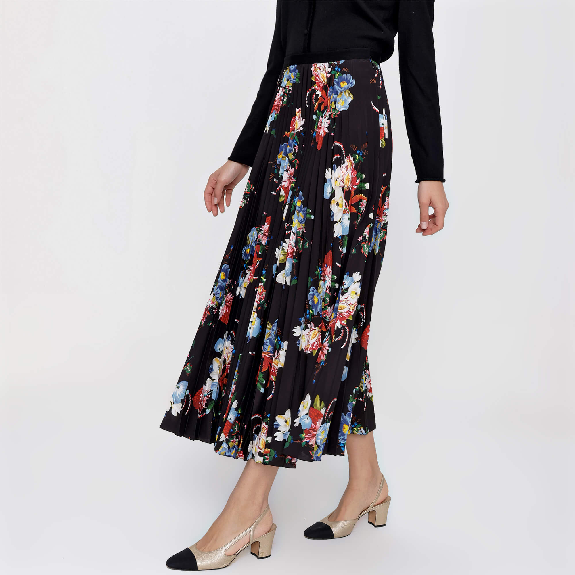 Erdem - Black Floral Print Pleated Midi Skirt